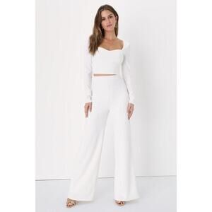 Lulus Proper Perfection White Long Sleeve Two-piece Wide-leg Jumpsuit - Size M